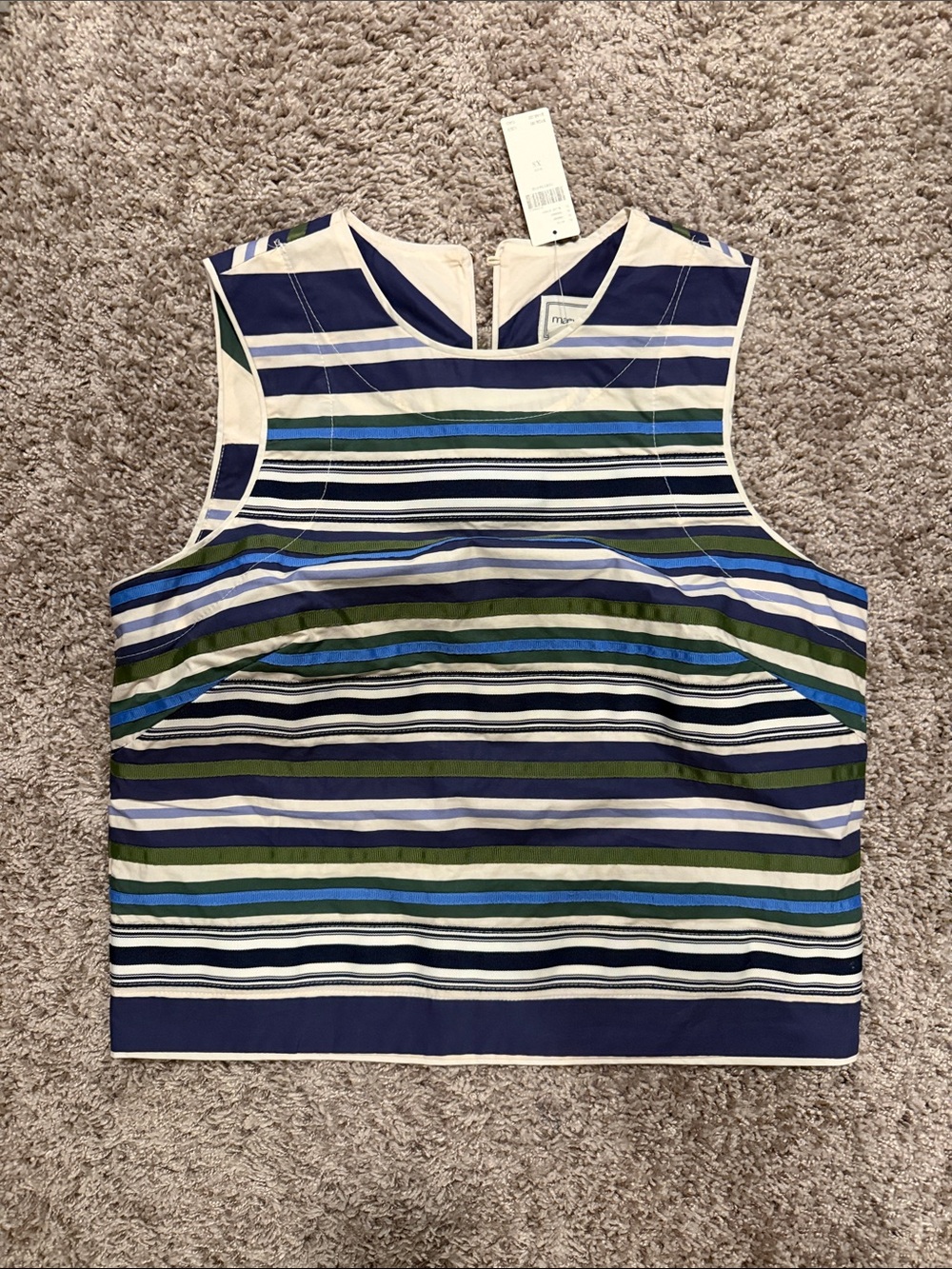 Maeve Striped Ribbon Strip Sleeveless Crop Top in Navy, Green & White